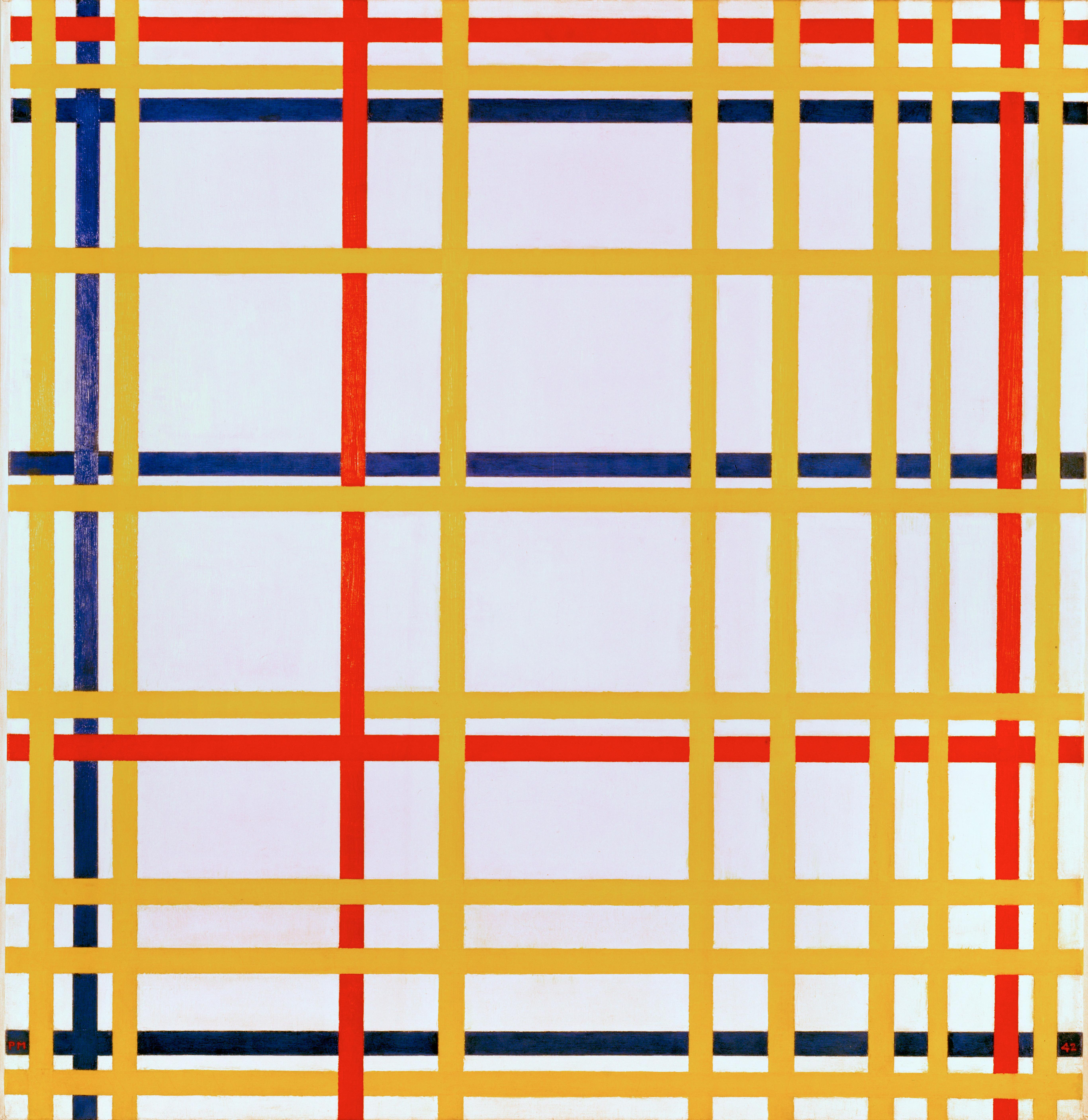 Full view of New York City by Piet Mondrian with five numbered close-view points
